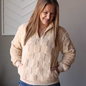 Beige Checkered Plush Quarter Zip Top