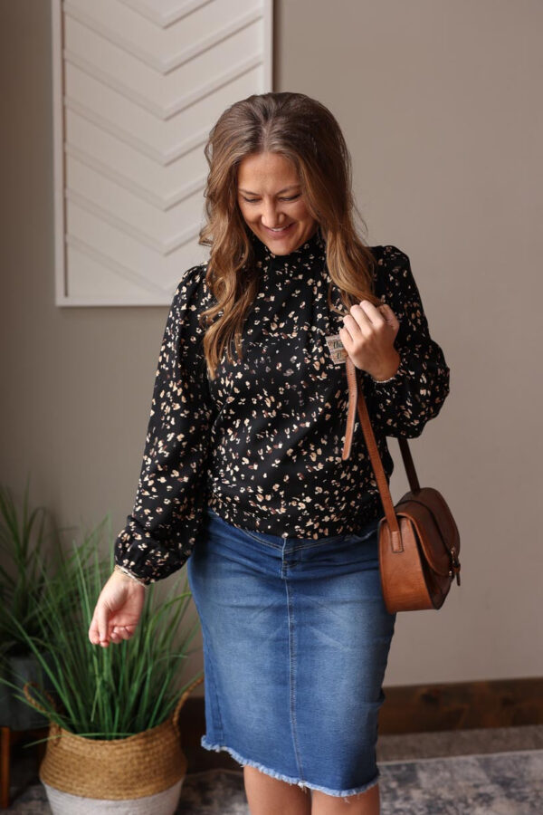 Black Leopard Print Mock Neck Blouse