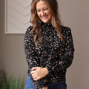 Black Leopard Print Mock Neck Blouse