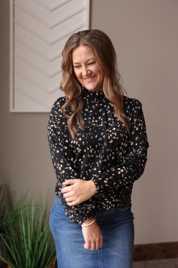 Black Leopard Print Mock Neck Blouse