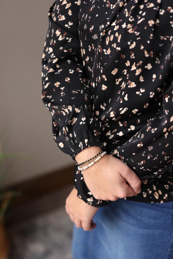 Black Leopard Print Mock Neck Blouse