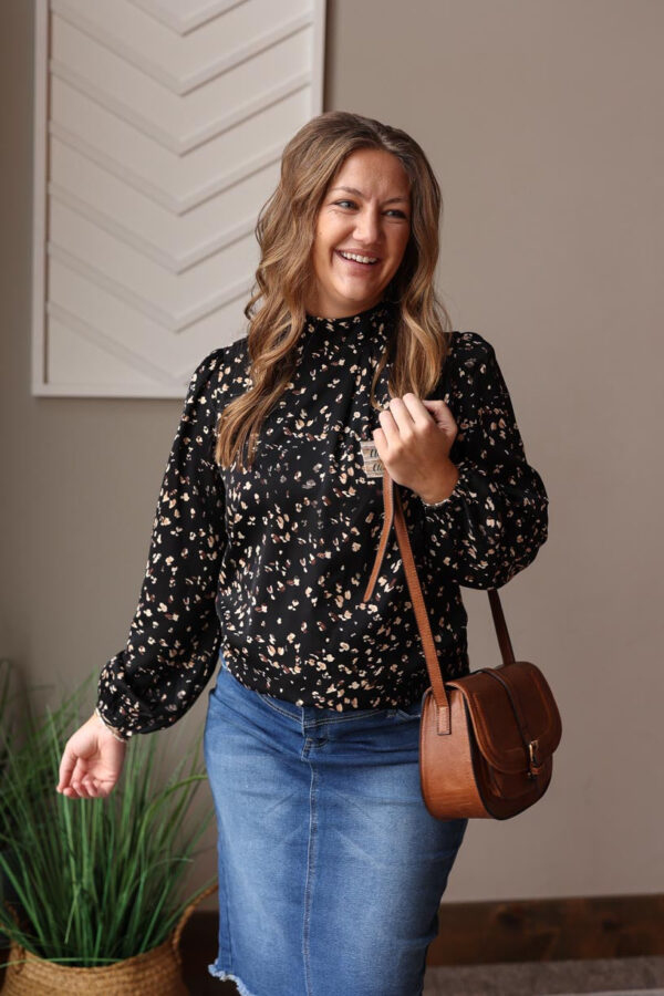 Black Leopard Print Mock Neck Blouse