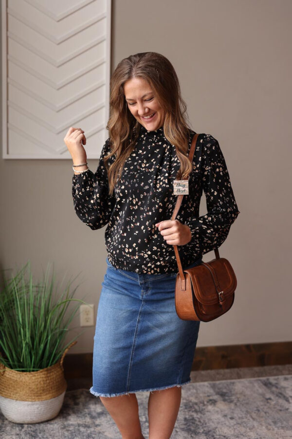 Black Leopard Print Mock Neck Blouse