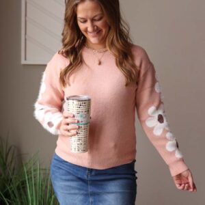 Dusty Pink Flower Sleeve Sweater, S-2XL PLUS