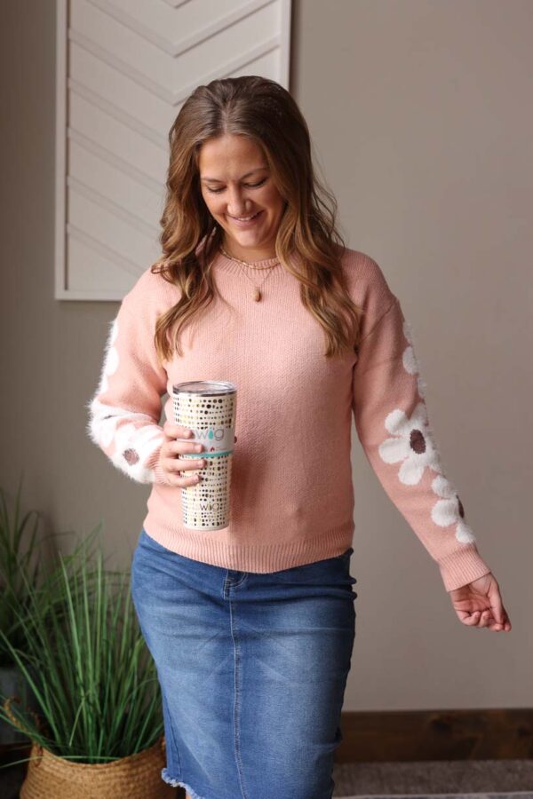 Dusty Pink Flower Sleeve Sweater, S-2XL PLUS