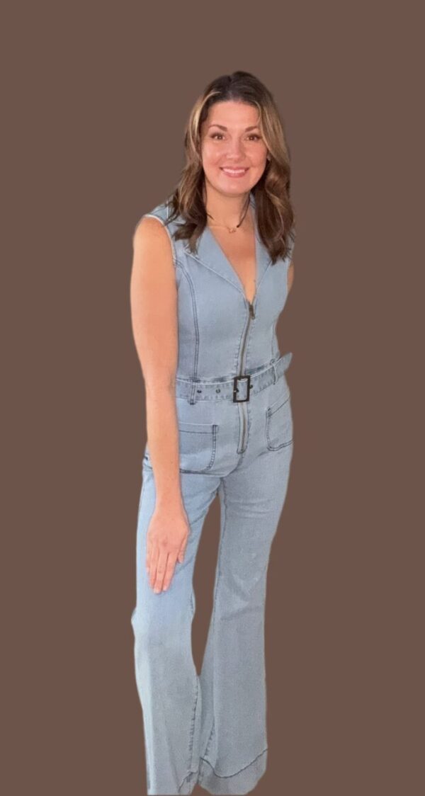 Sleeveless Belted Long Denim Jumpsuit