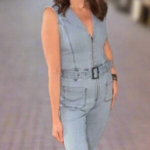 Sleeveless Belted Long Denim Jumpsuit