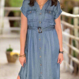 CHAMBRAY COLLARED BUTTON DOWN BELTED MIDI DRESS