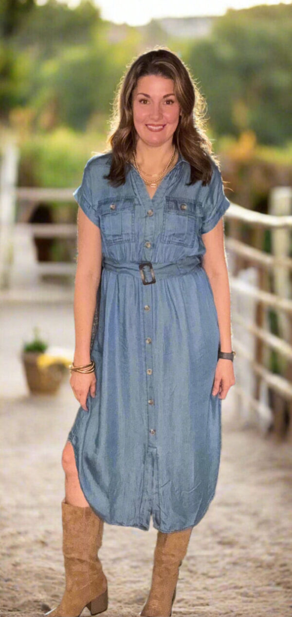 CHAMBRAY COLLARED BUTTON DOWN BELTED MIDI DRESS