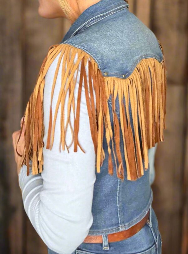 WYNONA WESTERN FRINGE DENIM MOTOR ZIP UP  VEST