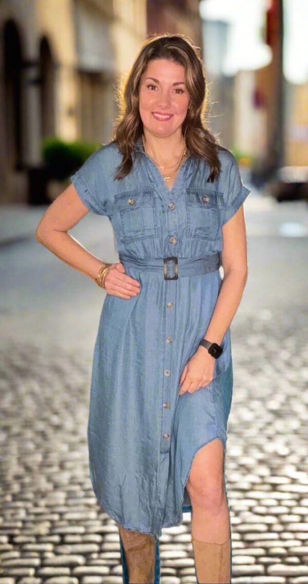 CHAMBRAY COLLARED BUTTON DOWN BELTED MIDI DRESS