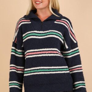 Multi Color Striped Half Zip Up Knit Sweater Top