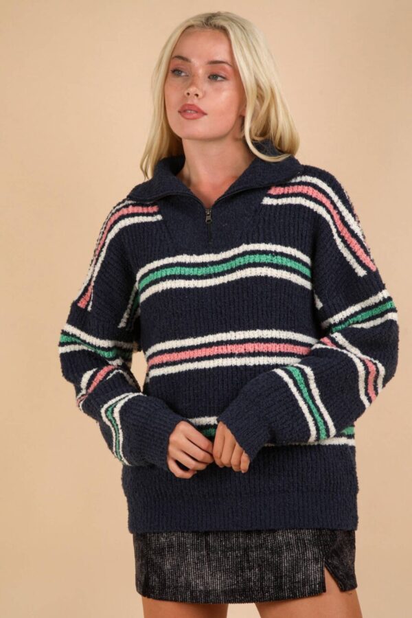 Multi Color Striped Half Zip Up Knit Sweater Top