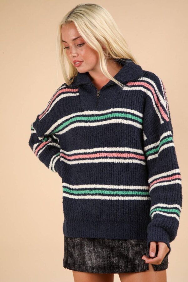 Multi Color Striped Half Zip Up Knit Sweater Top