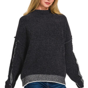 Oversized mock neck raw seam chenille sweater