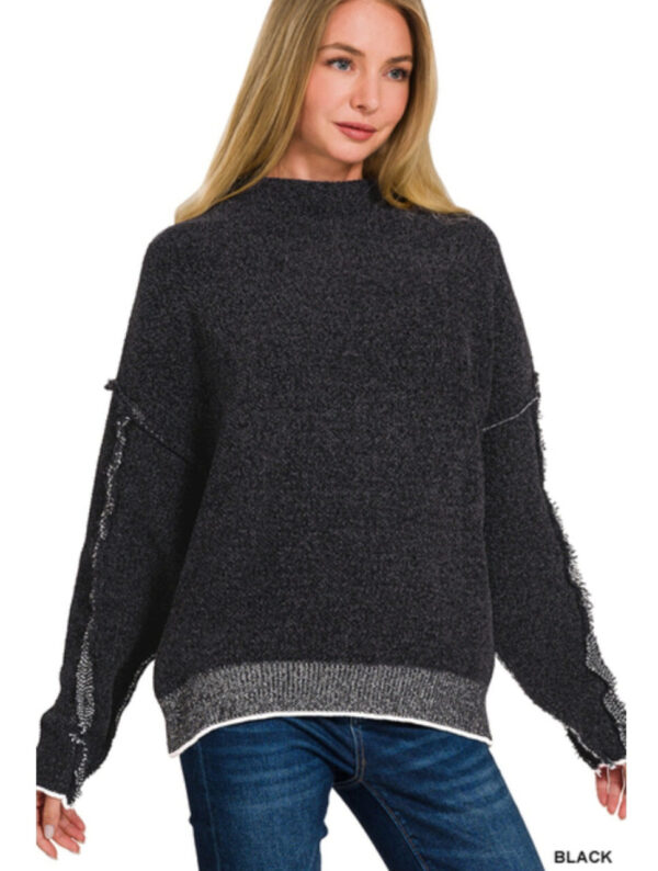 Oversized mock neck raw seam chenille sweater