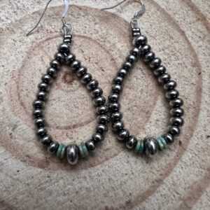 Smaller Sterling SAUCER Silver Pearls earrings teardrop and green turquoise