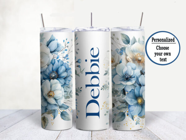 20 oz Personalized Blue Flower Stainless Steel Tumbler Cup