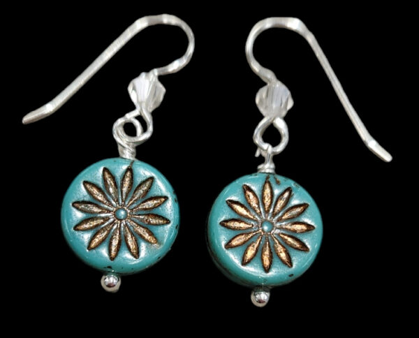 Teal Aster Flower Earrings- Czech Glass with Sterling Silver