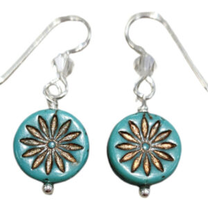 Teal Aster Flower Earrings- Czech Glass with Sterling Silver