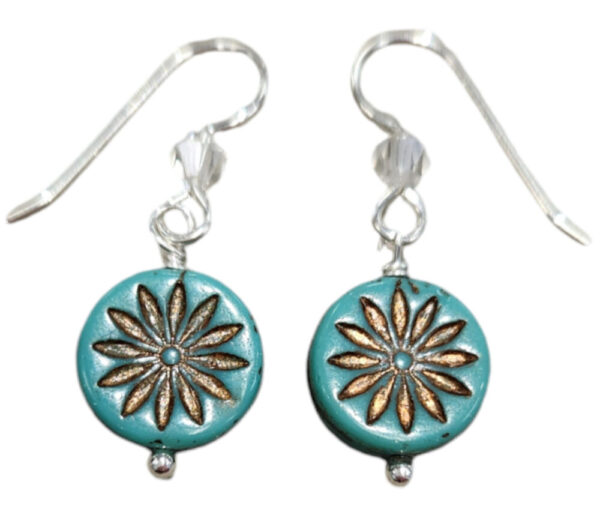 Teal Aster Flower Earrings- Czech Glass with Sterling Silver