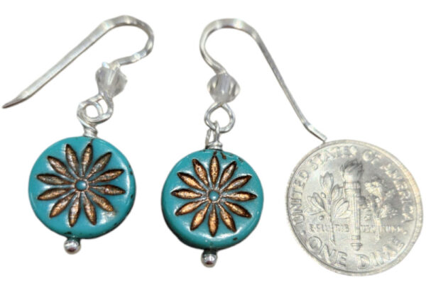 Teal Aster Flower Earrings- Czech Glass with Sterling Silver