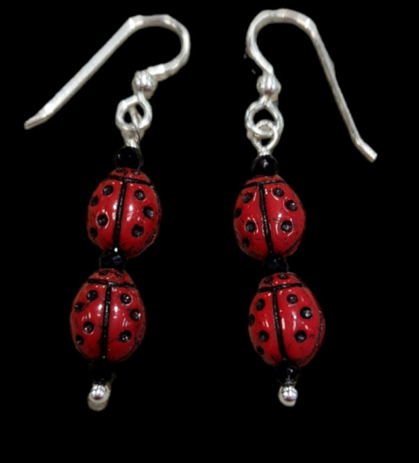 Long ladybug earrings with sterling silver earwires