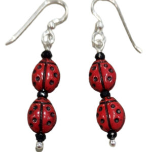 Long ladybug earrings with sterling silver earwires