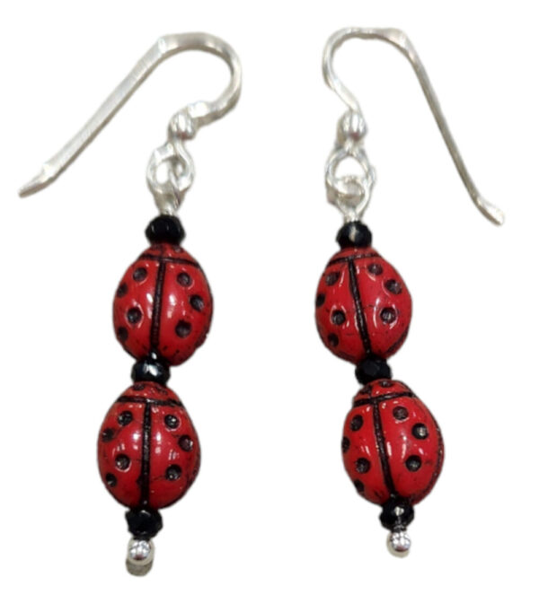 Long ladybug earrings with sterling silver earwires