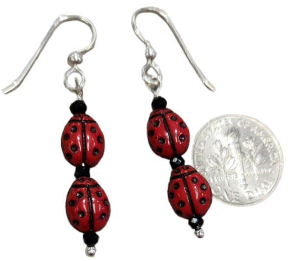 Long ladybug earrings with sterling silver earwires