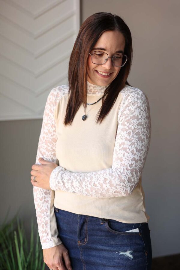 Beige Floral Lace Long Sleeve Top