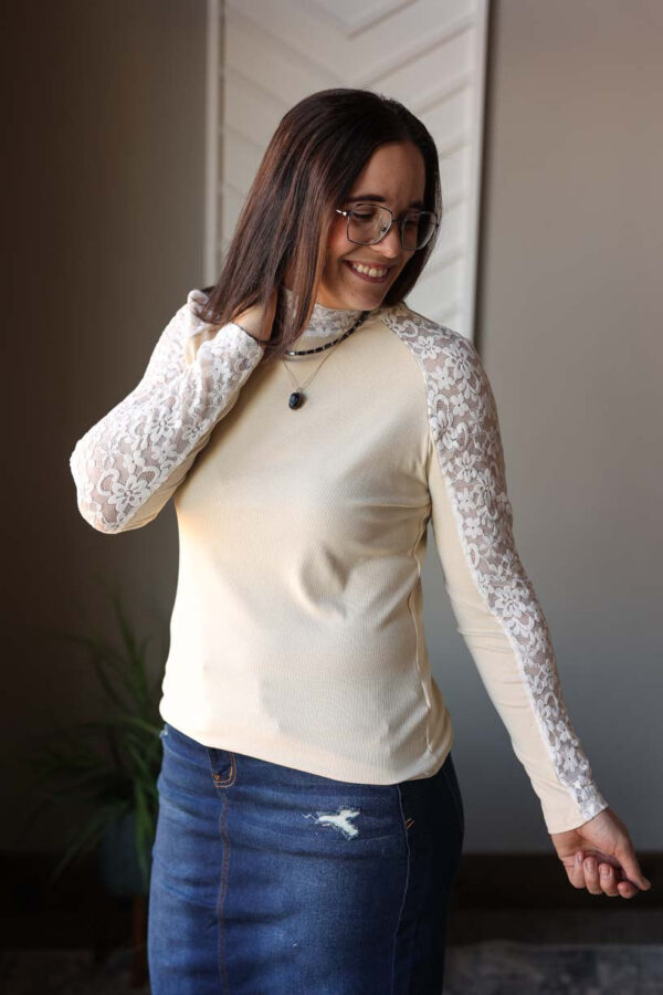 Beige Floral Lace Long Sleeve Top