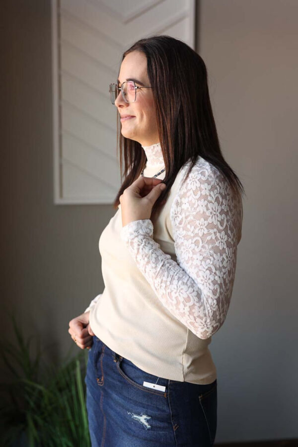 Beige Floral Lace Long Sleeve Top