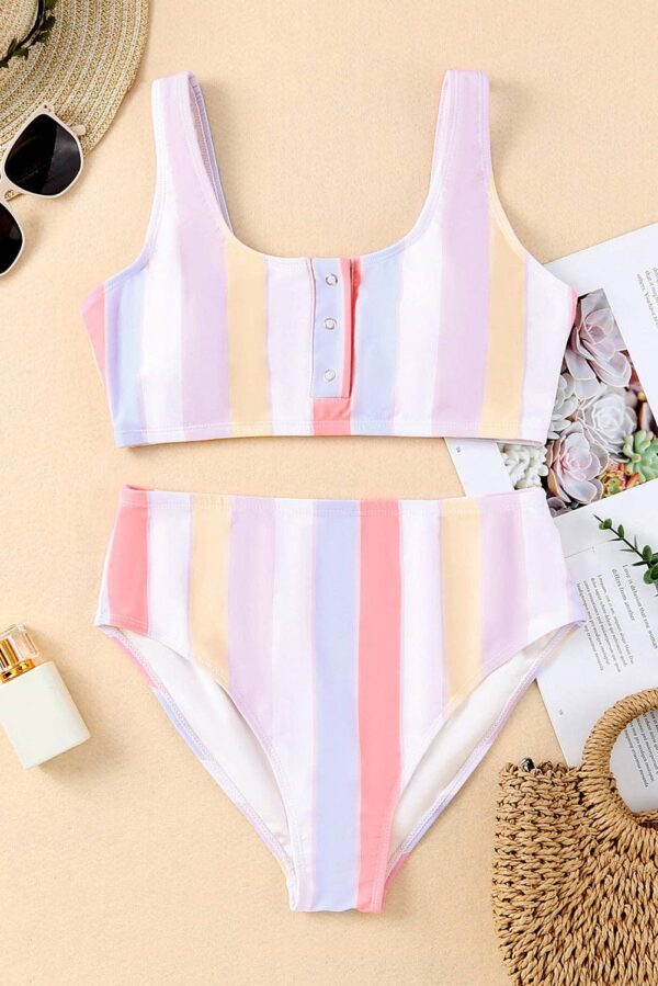 Snap Buttons Striped Print Two-piece Bikini