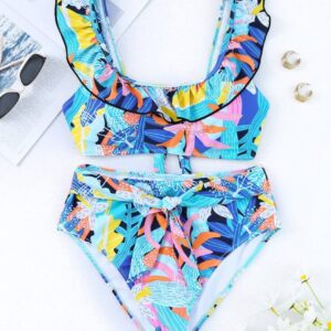 Ruffled Square Neck Tie High Waist Swimsuit