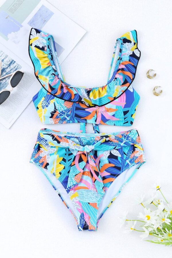 Ruffled Square Neck Tie High Waist Swimsuit