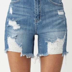 Risen High Rise Mid Thigh Distressed Shorts