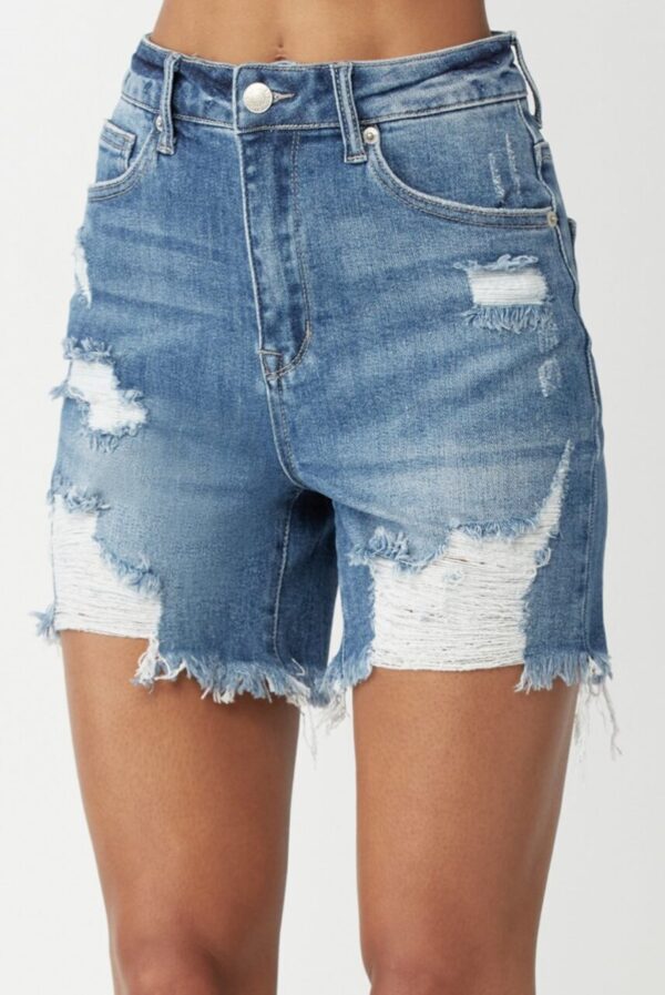 Risen High Rise Mid Thigh Distressed Shorts