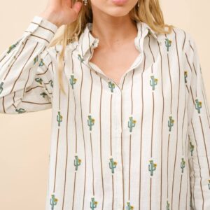 Western Cactus Stipe Print Button Up Shirt