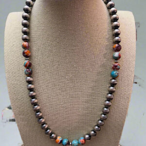 8mm Sterling Silver Pearls necklace with turquoise and spiny Mohave – 21 inch