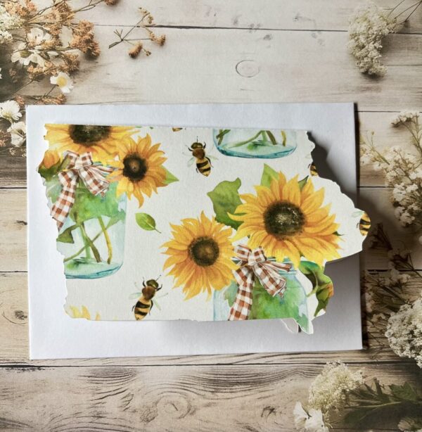 Iowa card with sunflowers and bees