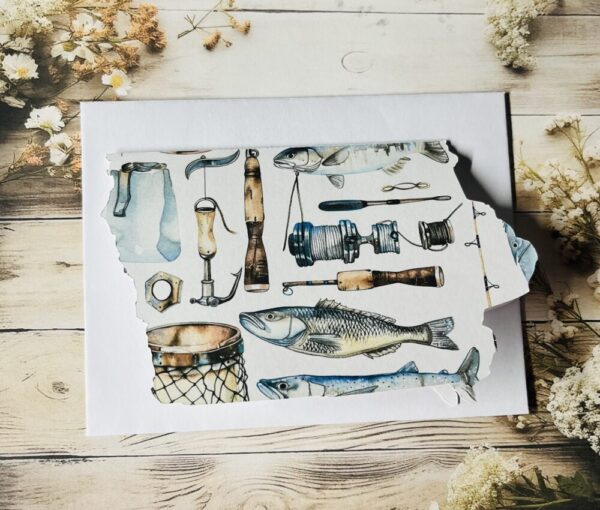 Iowa card with vintage fishing gear