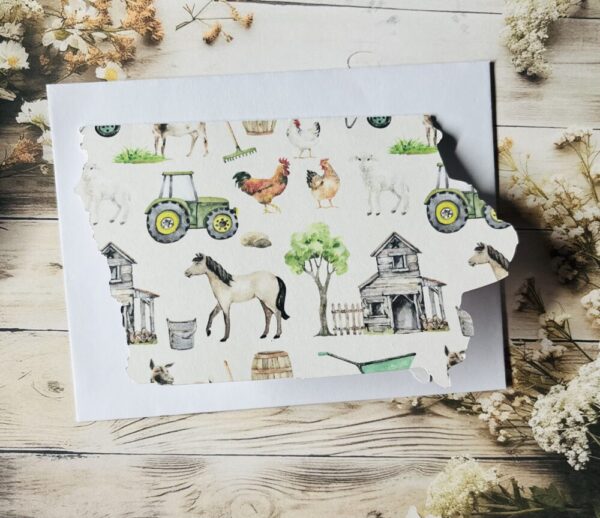 Iowa card with watercolor farm