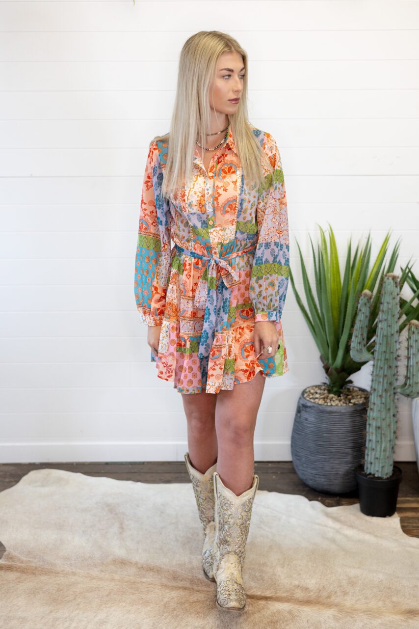 Boho Floral Patchwork Chiffon Shirt Dress Boho Floral Patchwork Chiffon Shirt Dress