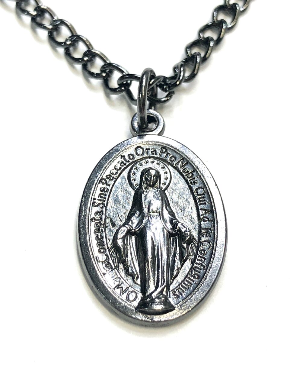 Handmade Men's Gunmetal Miraculous Medal Curb Chain Necklace