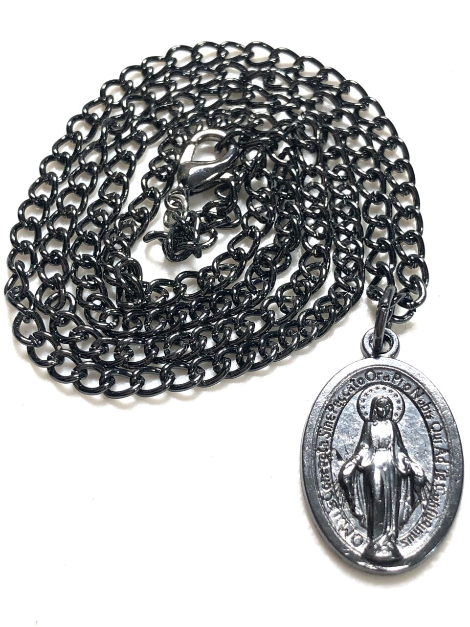 Handmade Men's Gunmetal Miraculous Medal Curb Chain Necklace