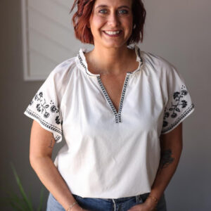 White Black Embroidered Sleeve Detail Top