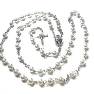 Handmade White Glass Pearl Beaded Rosary for Catholic Gift