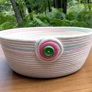 Medium Rope Basket – Variegated Pastels in Pink, Blue, Green and Yellow Handmade storage or gift basket. Organize items in a baby room, child’s room, makeup, or toys, etc.