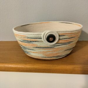 Medium Rope Basket – Variegated Charcoal Gray, Peach, Tan, Lt Green Handmade storage basket. Organize remotes, makeup, toys, sewing notions, office items, kitchen items, etc.